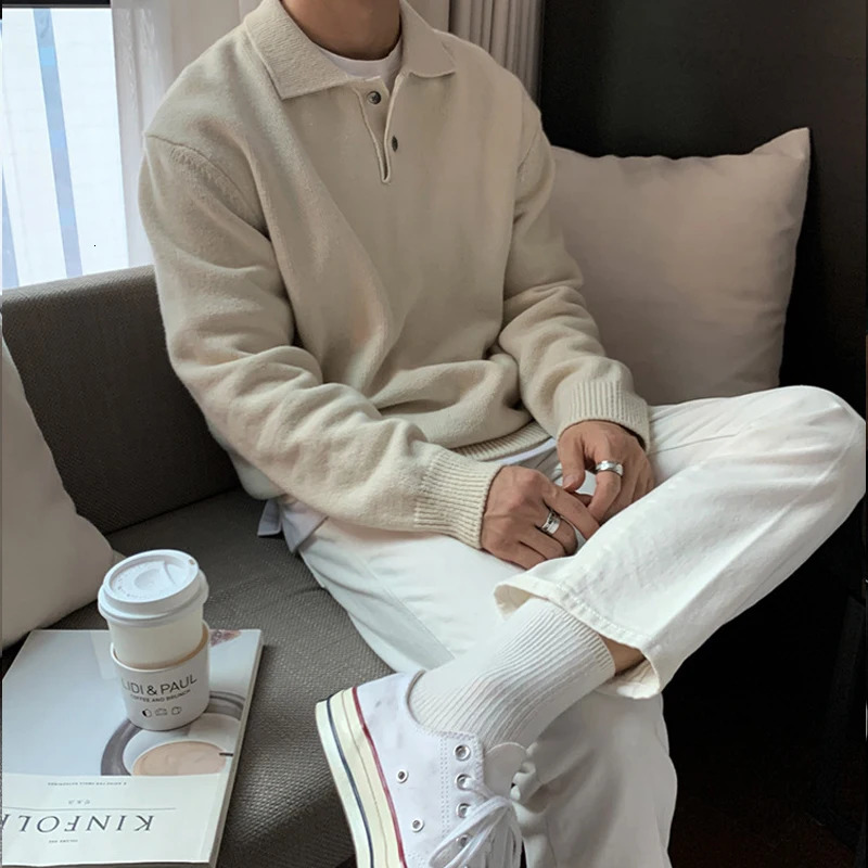 Fashion 2024 Button-up Knitted Polo Shirts Men Clothing Winter Solid Color Long Sleeve Sweater Casual Turn-down Collar Jumpers 241106