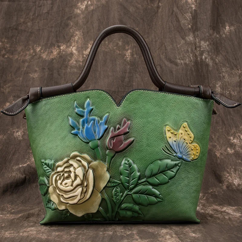 Small womens genuine leather handbag retro floral shoulder bag for women handmade cowhide handbag for women 241105