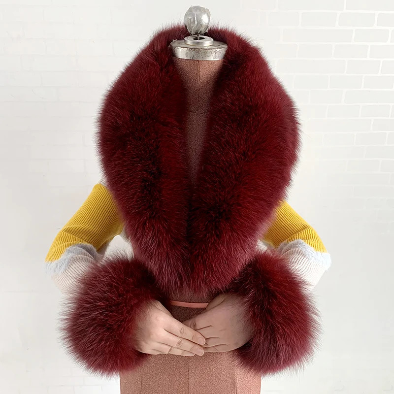 Womens Winter 100% Natural Fox Fur Scarf Jacket Fur Collar Scarf and Cuff Set Fox Fur Warm Collar 241106
