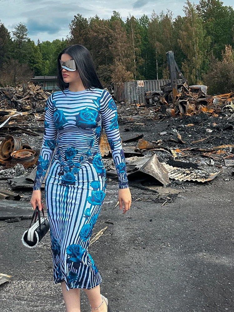 Weird Puss Rose Print Dress Women Autumn Trend Stripe Sexy Vacation Festive Revelry Party Elegant Stylish Y2K Maxi Bodycon