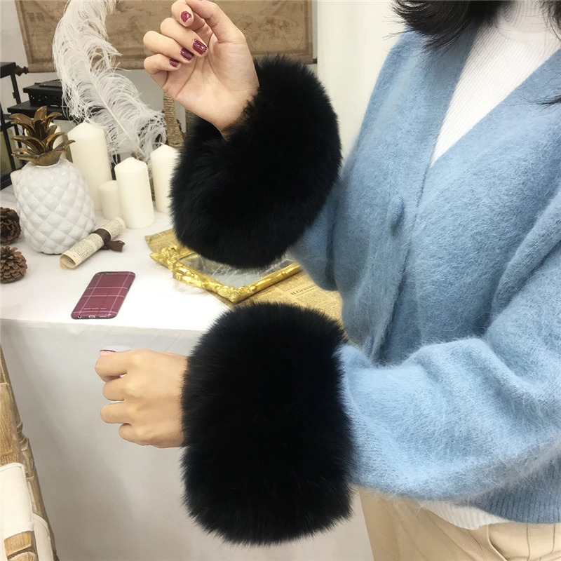 Real 100% genuine fox fur cuffs winter wrists natural fox fur arms warm bracelets womens jackets decorative sleeves wristbands fox gloves 241106