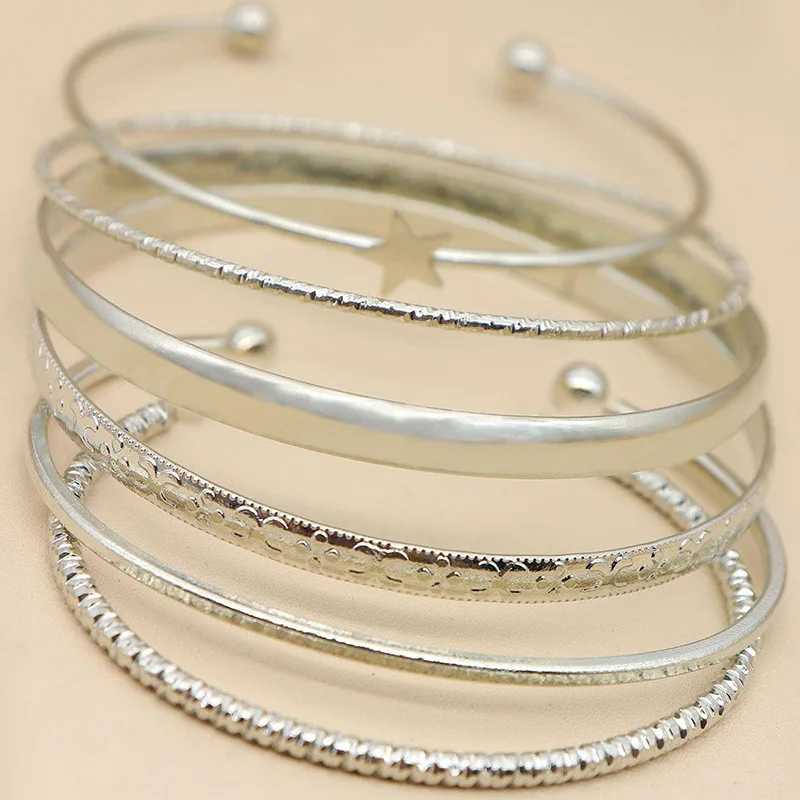 6 pieces/set of Star bracelets suitable for Wen Simple Mtilayer Geely Opening bracelets cuff bracelets punk jewelry set accessories X241106