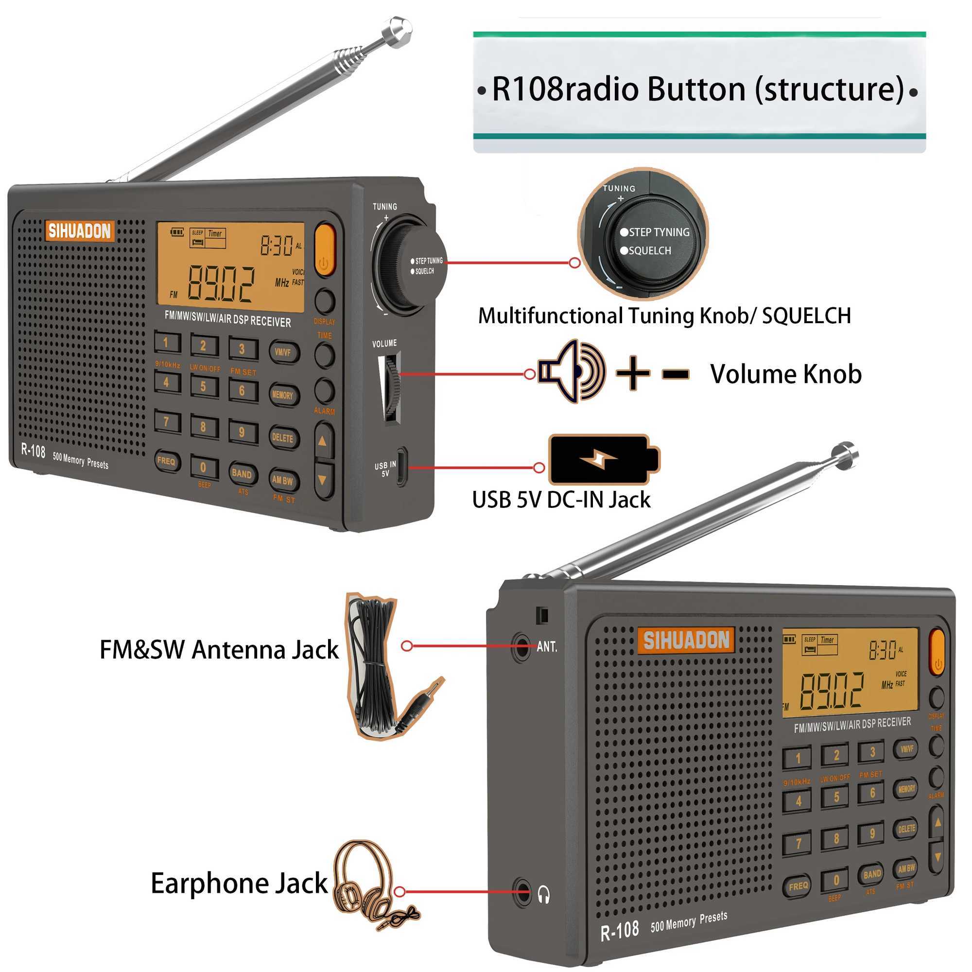 Radio Top R-108 Ra FM Stereo Digital Portable Ra AM SW Air Ra Receiver Al Function Display Clock Temperature Speaker Z241106