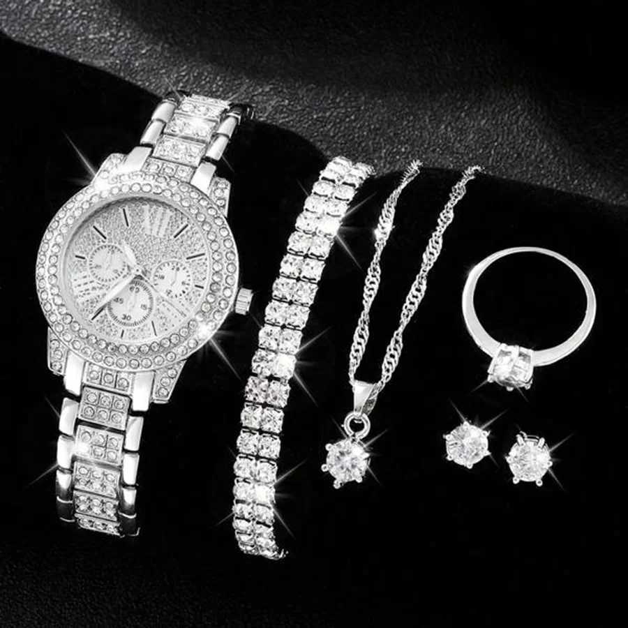 Luxury rhinestone quartz watch hip-hop fashion simulation watch 5-piece jewelry set a gift for Wenhe X241106