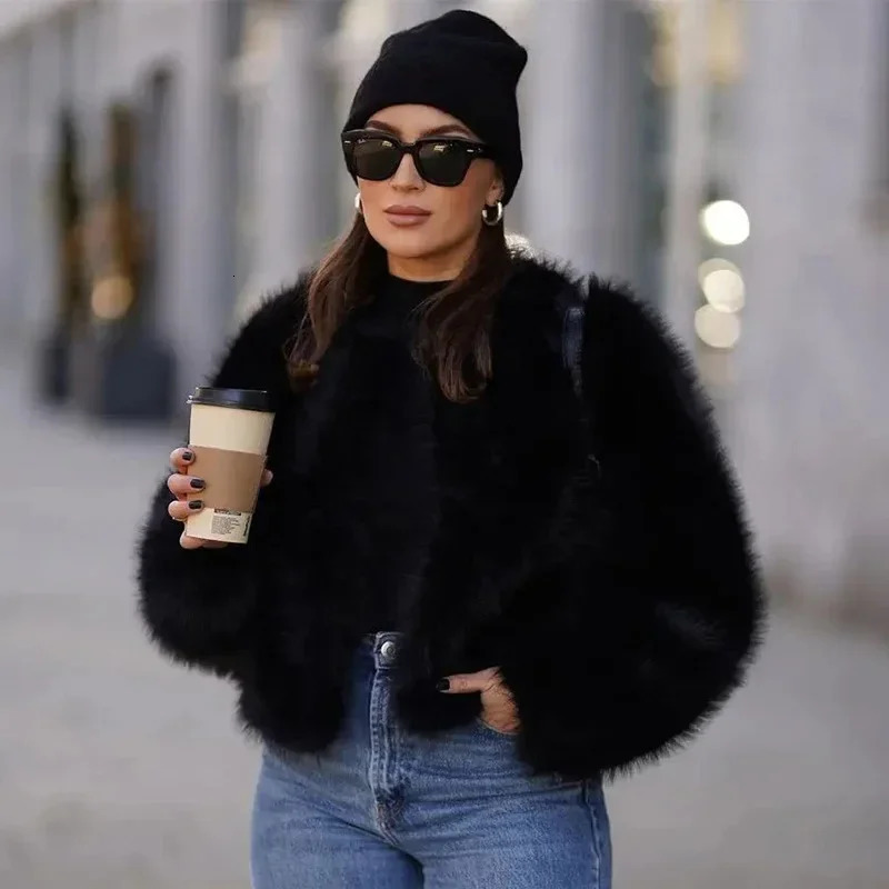 Lconic Street Fashion y Gardient Cropped Faux Fur Coat Women Winter Cool Girls Fluffy Short Jacket 241104