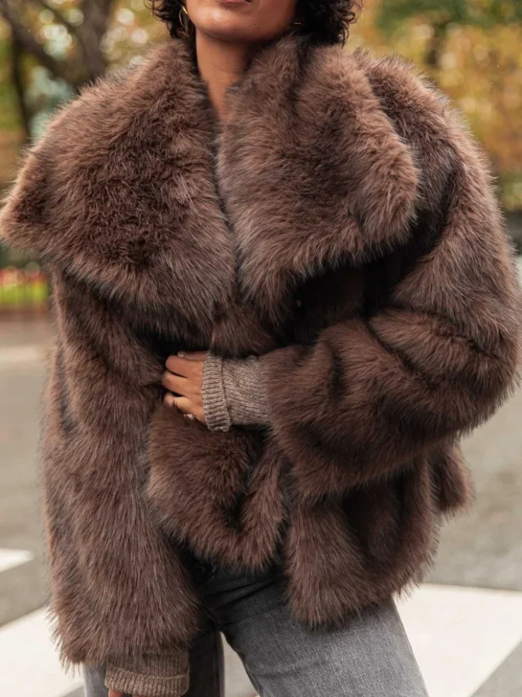 Womens Brown Long Sleeved Buttons Faux Fur Coat Winter Thick Warm Fury Turn-down Jacket Female High Street Outerwear 241106