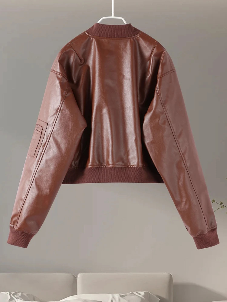 Vintage Leather Bomber Jacket Women Casual O-neck Zipper Pockets Long Sleeve Crop Jackets 2024 Autumn Lady High Street Outwears 241106