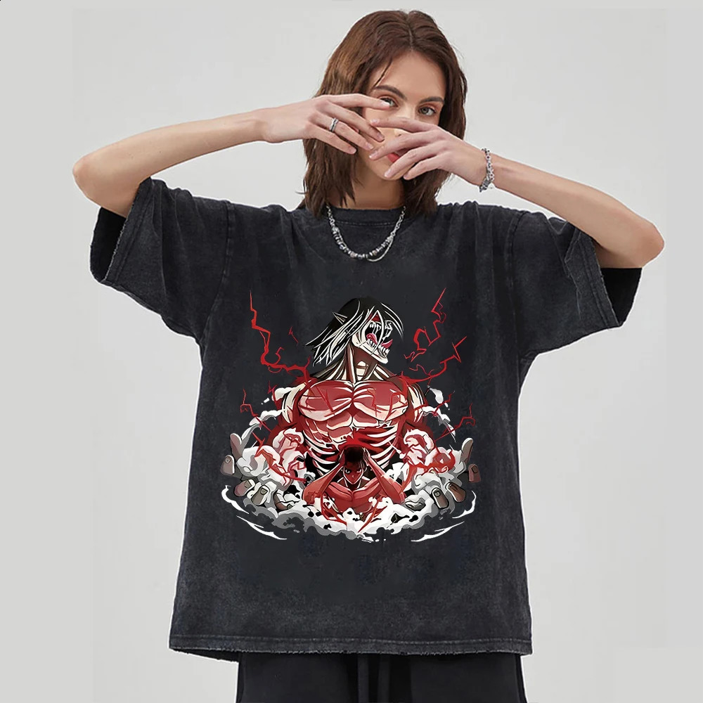 Hip Hop Oversized Streetwear Vintage Tshirts Japanese Anime Printed Washed Short Sleeve T Shirt Summer Cotton Male Tops 240402