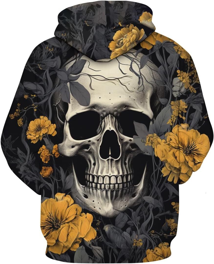 Hoodie for Mens Rose Skull Graphic Hoodies Novelty 3D Printed Sweatshirts With Pocket Graphic Fashion Trends The Yellow Rose