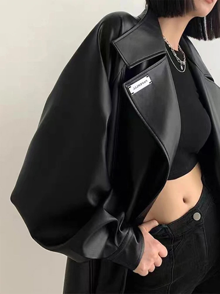 Leather Long Women Jacket Street Fashion Turn-down Collar Female Jackets 2024 Autumn Winter Full Sleeve Belt Loose PU Coats 241106