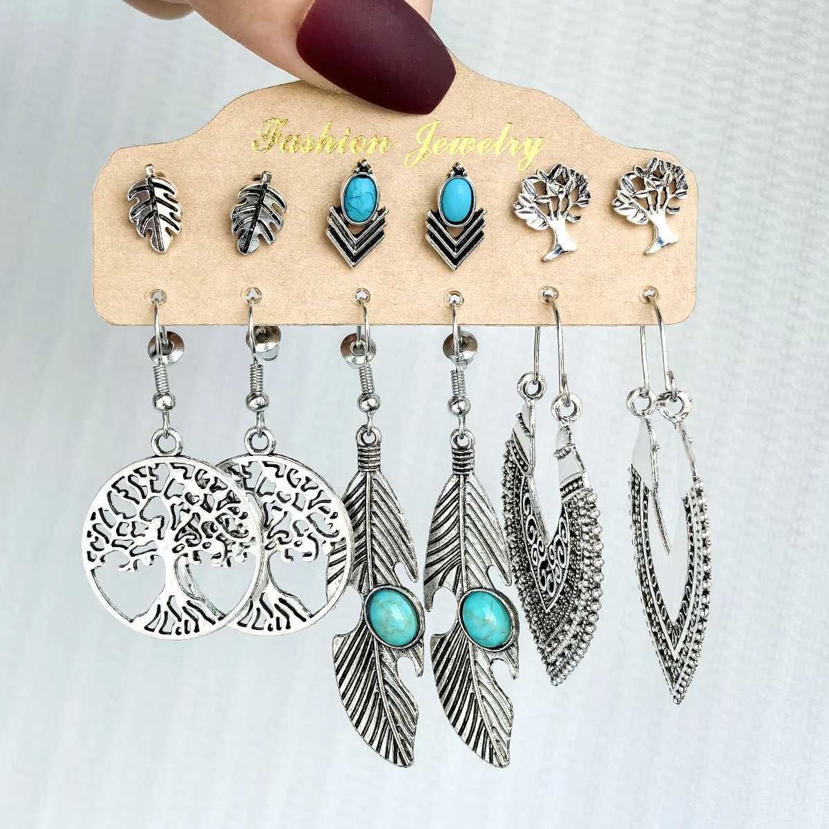 Antique Xizang silver earring set used for Wenzu feathers Geetric shell leaf shaped pendant earrings jewelry gifts X241106