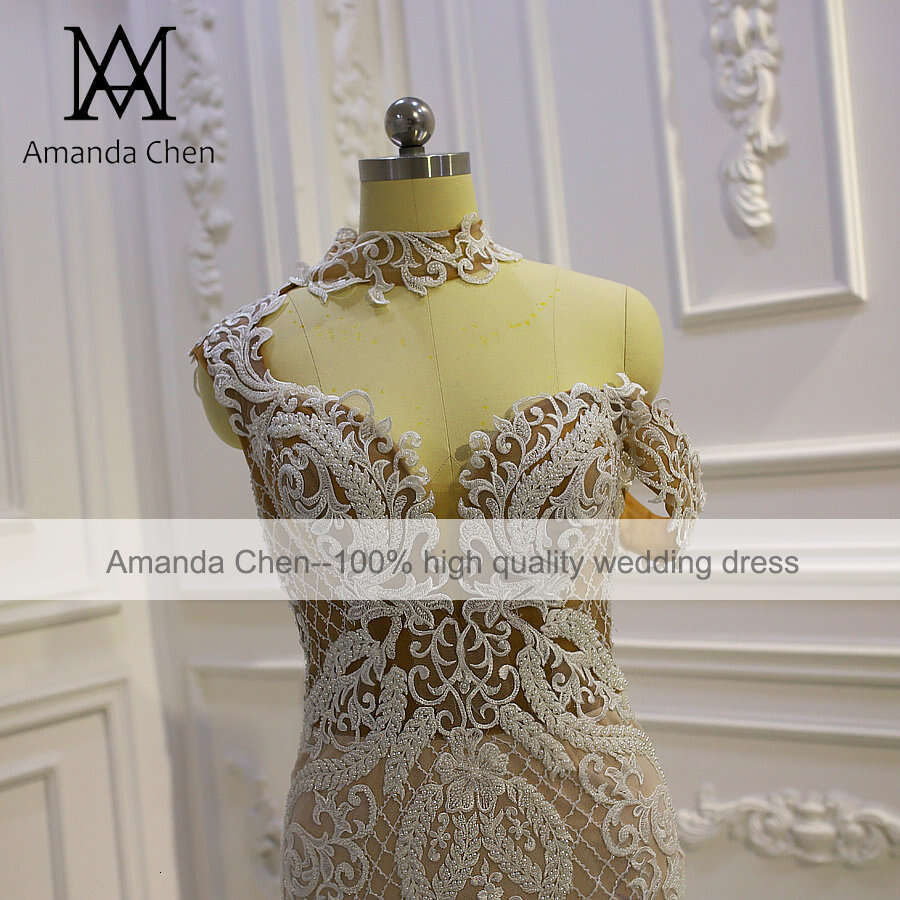 Halter One Shoulder Lace Wedding dress with Removable Skirt