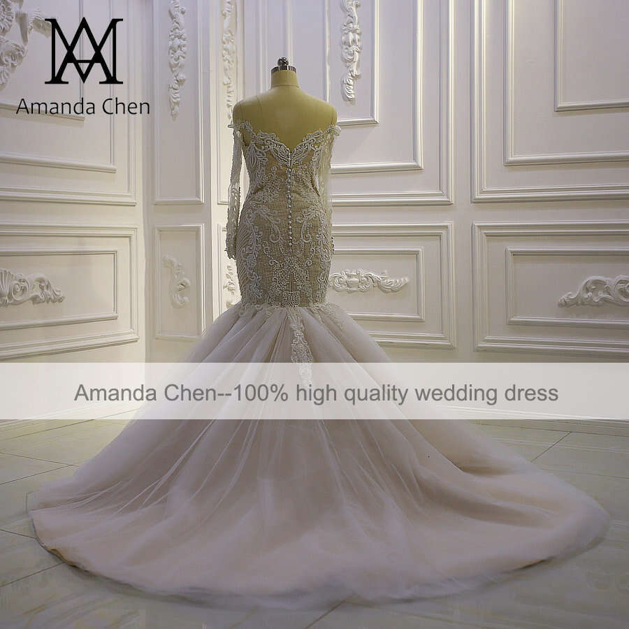 Off Shoulder Long Sleeve Lace Appliques Champagne Mermaid Wedding dress