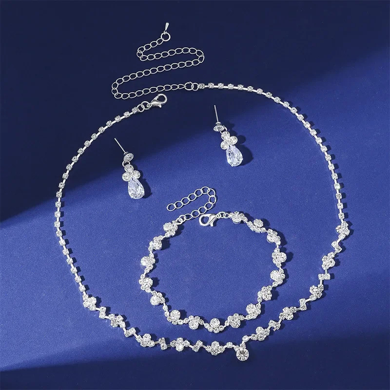 FYUAN Exquisite Black Silver Color Crystal Necklace Earrings Bracelet Long Tassel for Wedding Jewelry Sets 241106