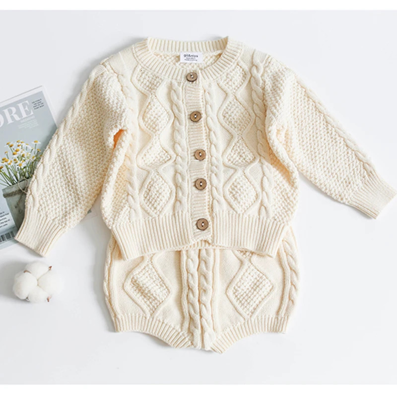 Cotton Boys Girls Baby Knit Sweater Cardigan Shorts Suit Autumn Winter Children Clothing Baby Clothes Suit 241106