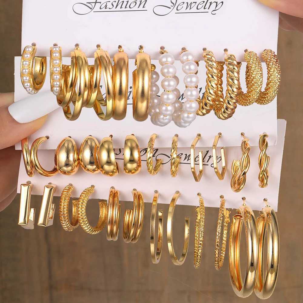 6-24 pairs of retro Geely glossy gold-plated metal pearl ring earrings set suitable for girls daily round earrings and jewelry X241106