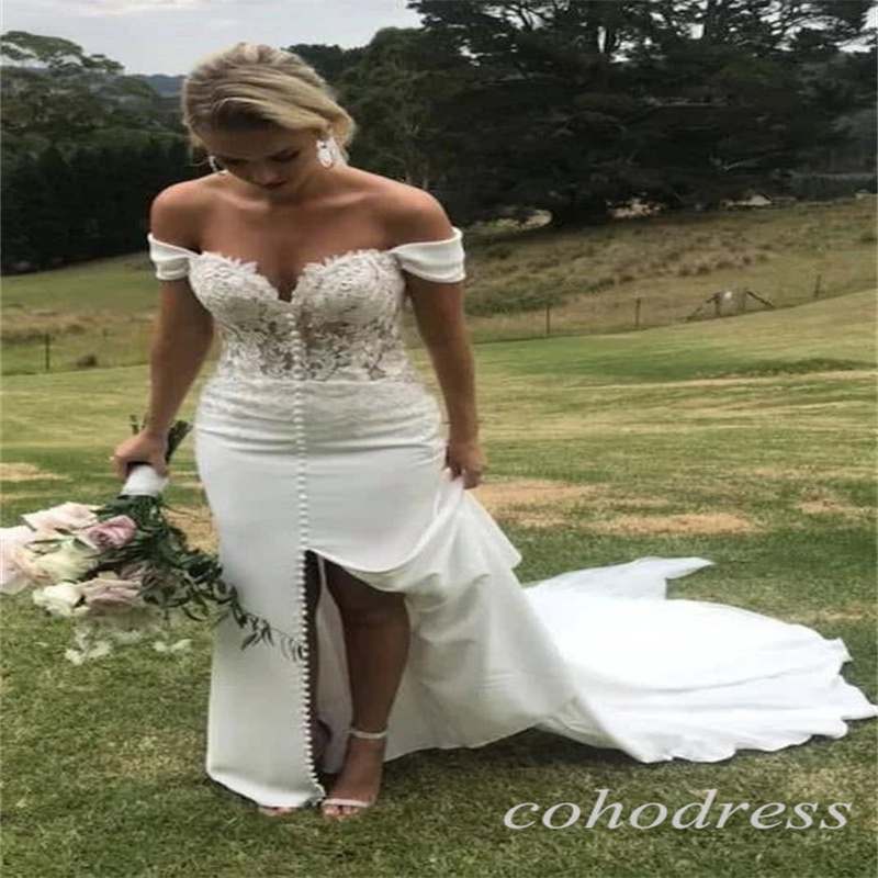 Fariy Boho Wedding Dresses With Slit Off Shoulders Farm Country Garden Bridal Gowns 2025 Gatsby Bohemian Satin Sweep Train Vestio De Novias