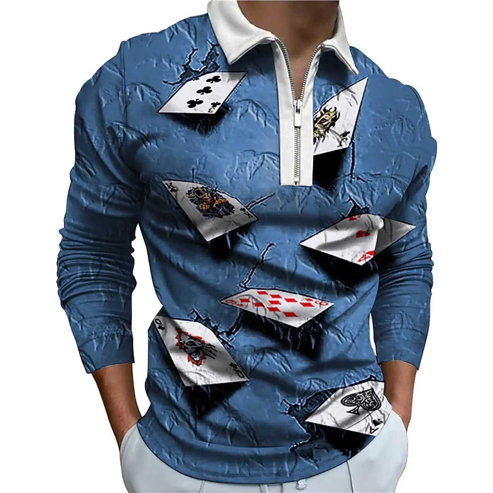 Shirt Mens Poker Card Pattern Printed Strt Harajuku Zipper T-shirt Mens Top Vent Length Sve Mens Clothing W241106