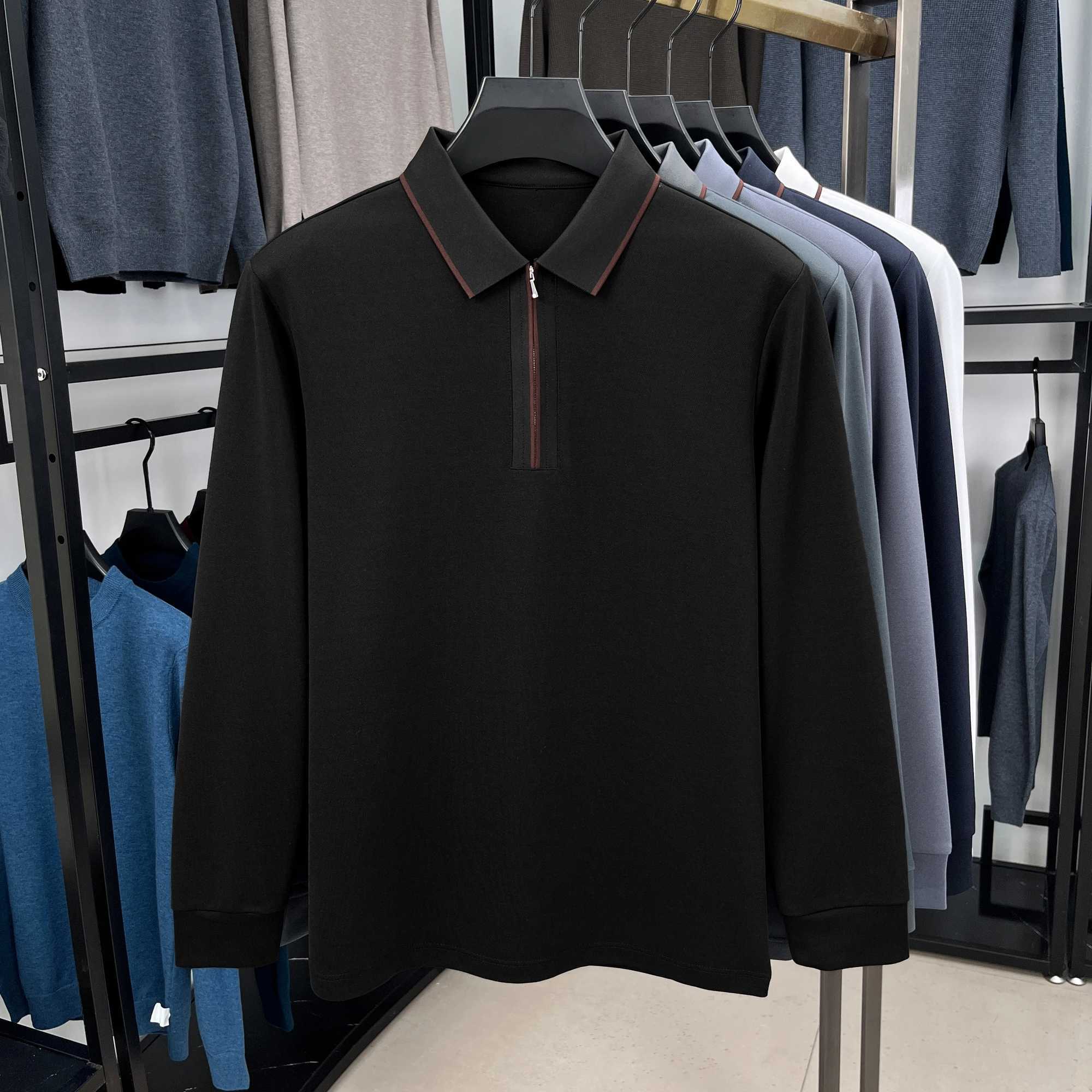 High end brand long SVE shirt mens autumn luxury silk cotton half zipper lapel T-shirt fashionable casual mens clothing W241106