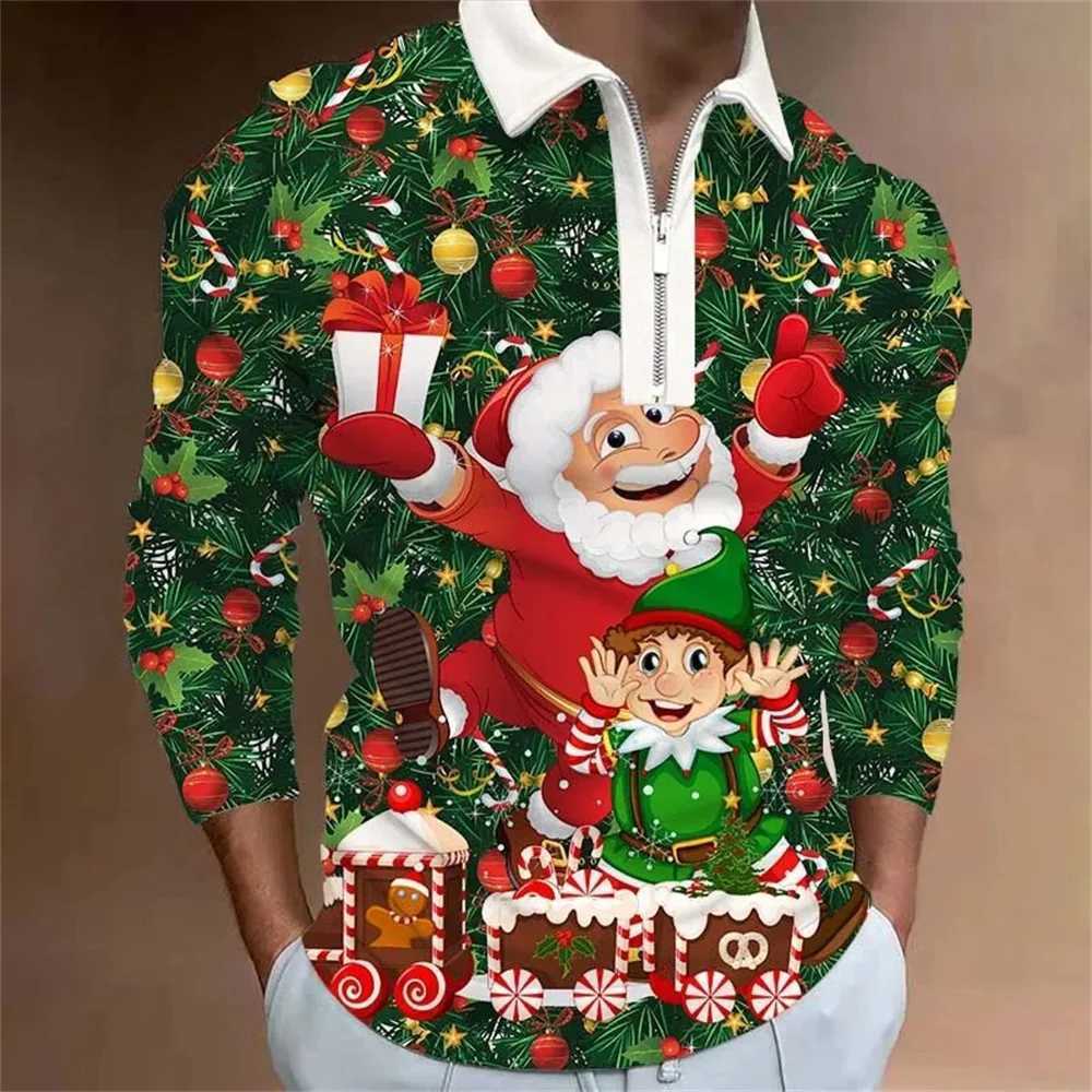 Christmas Collection Prints T-shirt Mens Porosity Collar T-shirt Mens Top Strt Harajuku Zipper Mens Long Sve T-shirt W241106