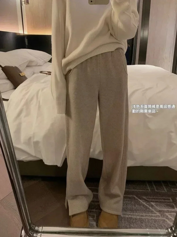 Women Pants Autumn Winter Thickening High Waisted Wool Wide Leg Pant Fashion Chevron Lengthening Opening Floor Length 241105