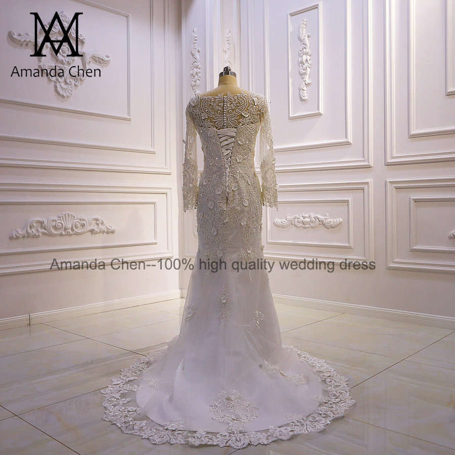 robe demoiselle d'honneur Long Sleeves Lace Applique Detachable Train Wedding Dress