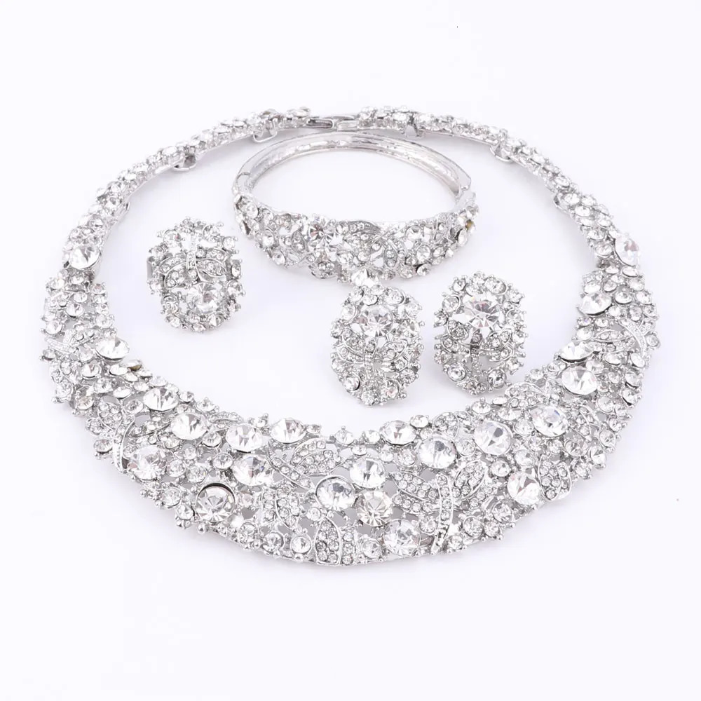 Nigeria Wedding African Bead Jewelry Set Crystal Necklace Set Silver Jewelry Set Wedding Accessories 241106