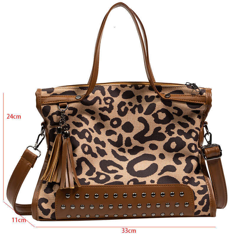 Designer Bag Fashion Leopard Pattern Shoulder Bag For Women 2024 Retro Rivet Handbags Designer Leather Ladies Crossbody Bag Large Canvas Tote