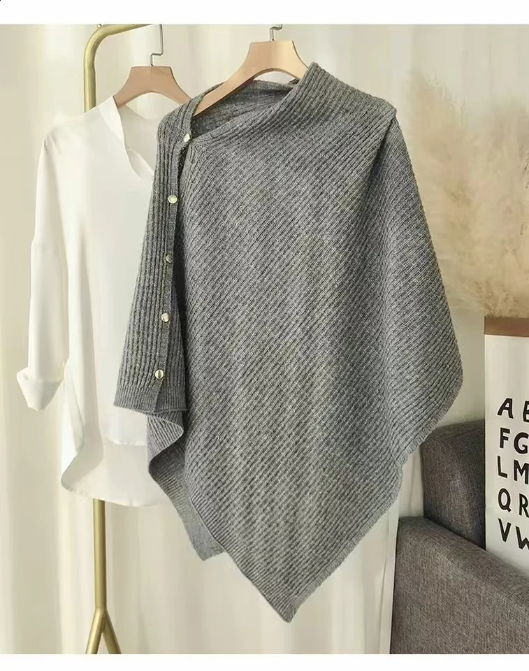 Warm Knitted Plain Color Scarf Thick Single Breasted Wool Shawl Wrap Women Cape Open Side Woven Cardigan Poncho Stole 241105