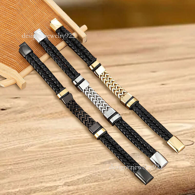 leather designer bracelet stainless steel magnet buckle double splicing front and back button chain double-layer woven jewelry