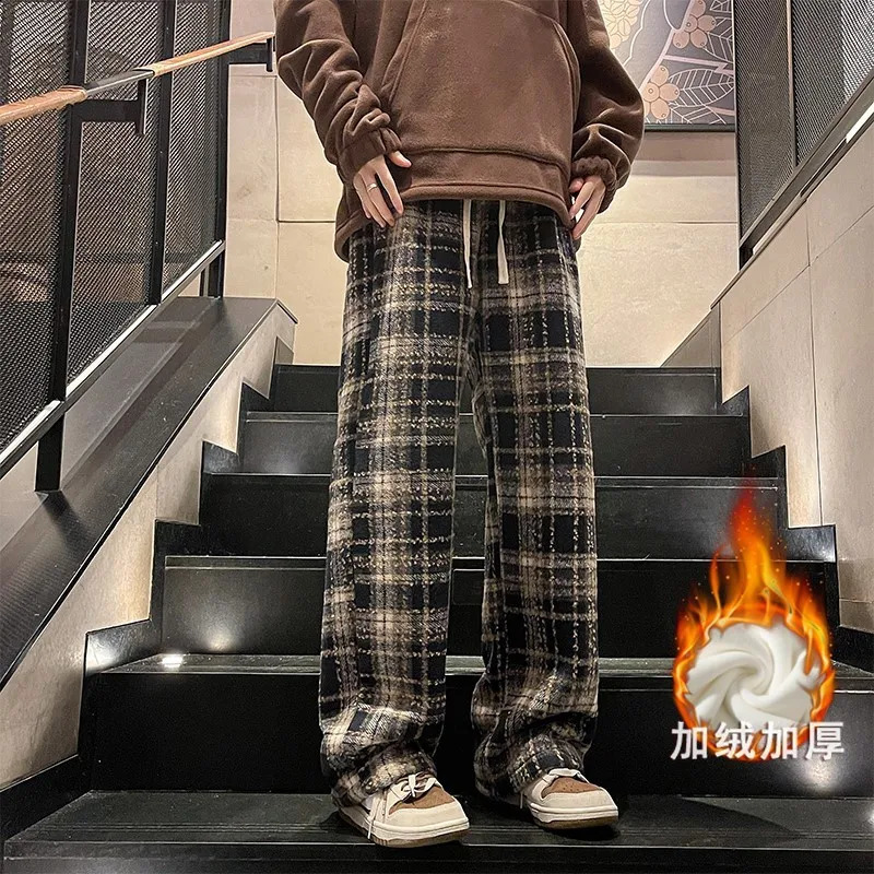 Winter Trendy Mens Fleece Plaid Casual Pants Loose Straight Leg Thick Warm Long Mopping Trousers For Men RedBlack 241104