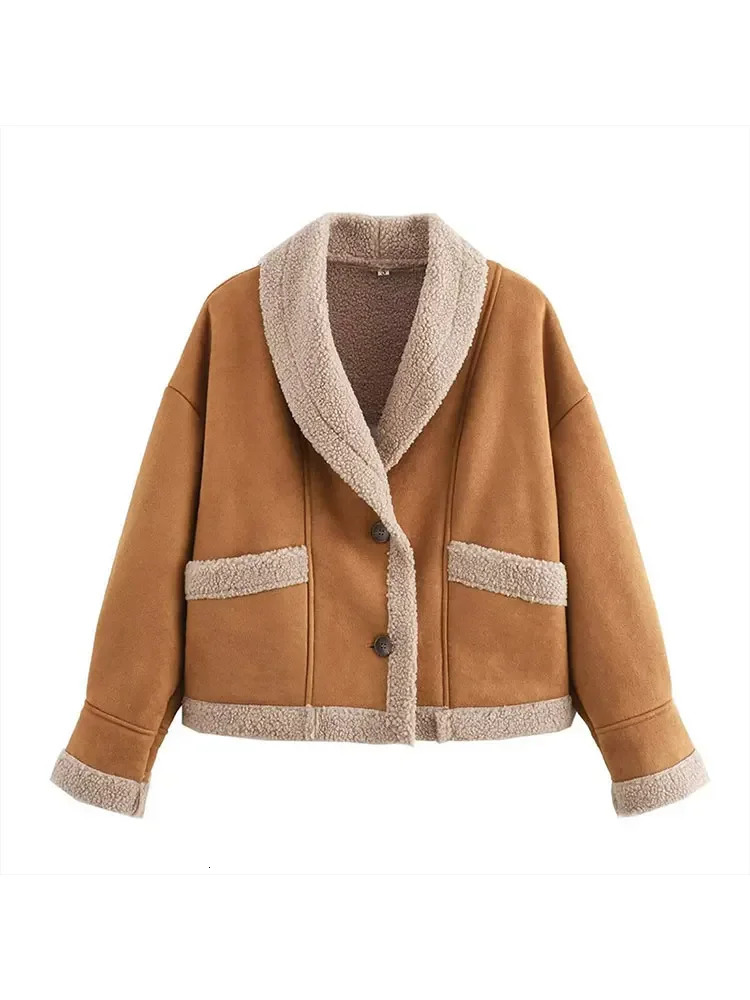 Women Chic Lapel Lamb Wool Patchwork Coat Casual Button With Pocket Thickened Jacket 2024 Autumn Winter Lady Retro Outerwear 241106