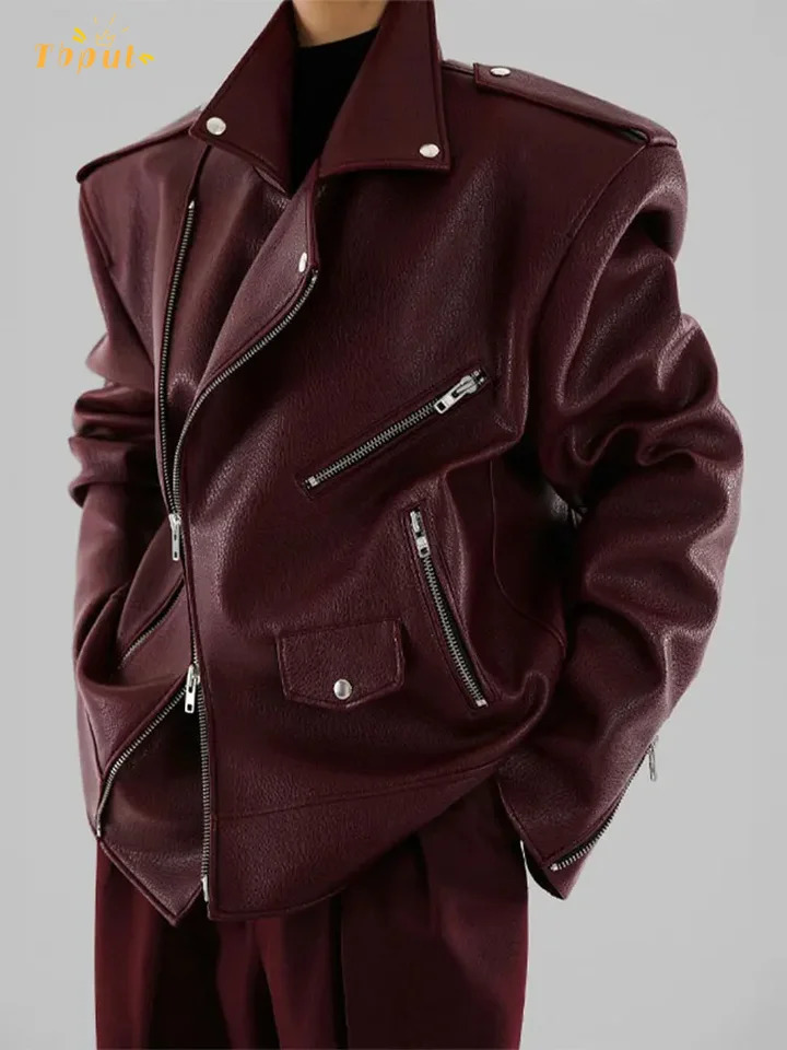 Womens Fashion Double Zipper Long Sleeved Coat Vintage Burgundy Pocket Pu Leather Jacket Autumn Female Street Outerwear 241106