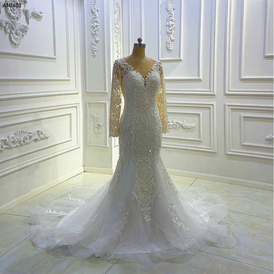 Full Lace V-neck Long Sleeve Mermaid Wedding Dress