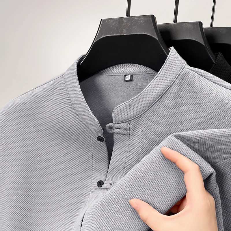 High quality long Sved mens stand up collar shirt with Chinese style design and customized button down T-shirt W241106