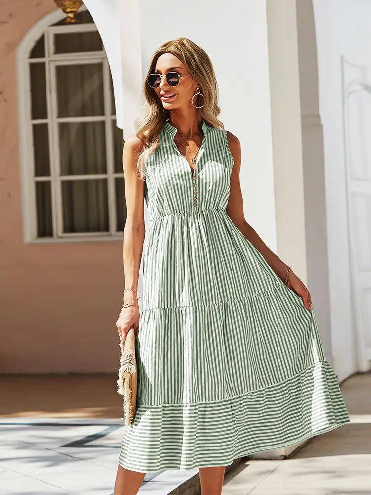 Ladies Vintage Boho Summer Dress Women Sleeveless Casual Holiday Striped Shirt Sundress Outfits Female Robe Vestidos 240329