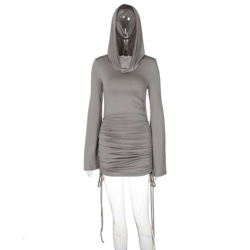 Talenza Fall Drawstring Hooded Women's Slim Fit Long Sleeve Hip Solid Pullover Lace Up Pleated Mini Dress
