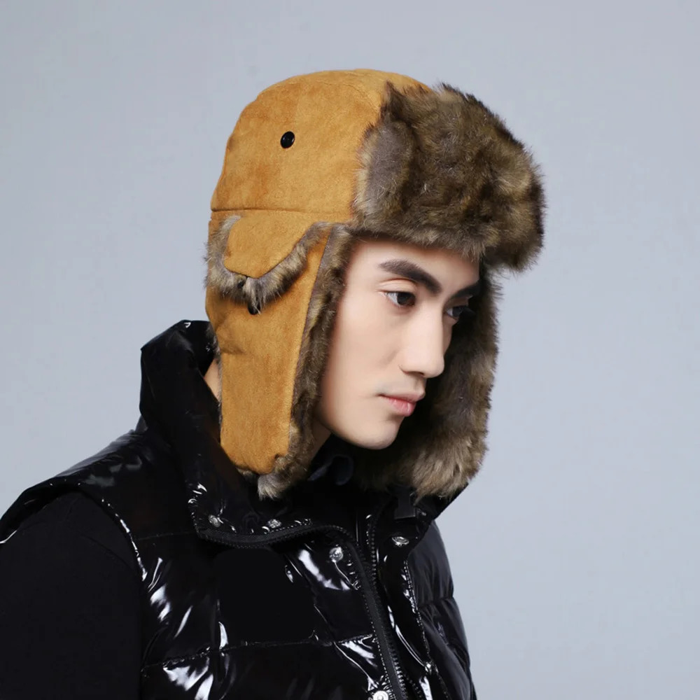 Mens Winter Trap Bomber Hat Thick Artificial Fur Ear Hood Russian Suede Ski Hat Outdoor Warm Plush Ear Hood 241106