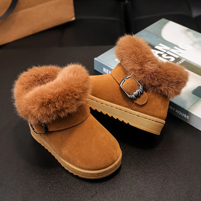 Kids Plush Snow Boots Winter Baby Soft Warm Cotton Shoes Boys Girls Buckle Belt Fur Suede Boots Princess Ankle Boots 241106