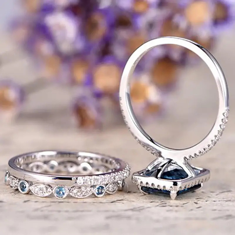 3PCS Elegant Wedding Rings Vintage Jewelry 925 Sterling Silver Fill Princess Cut Blue Cubic Zircon CZ Diamond Women's Fashion Bridal Ring Set Chr