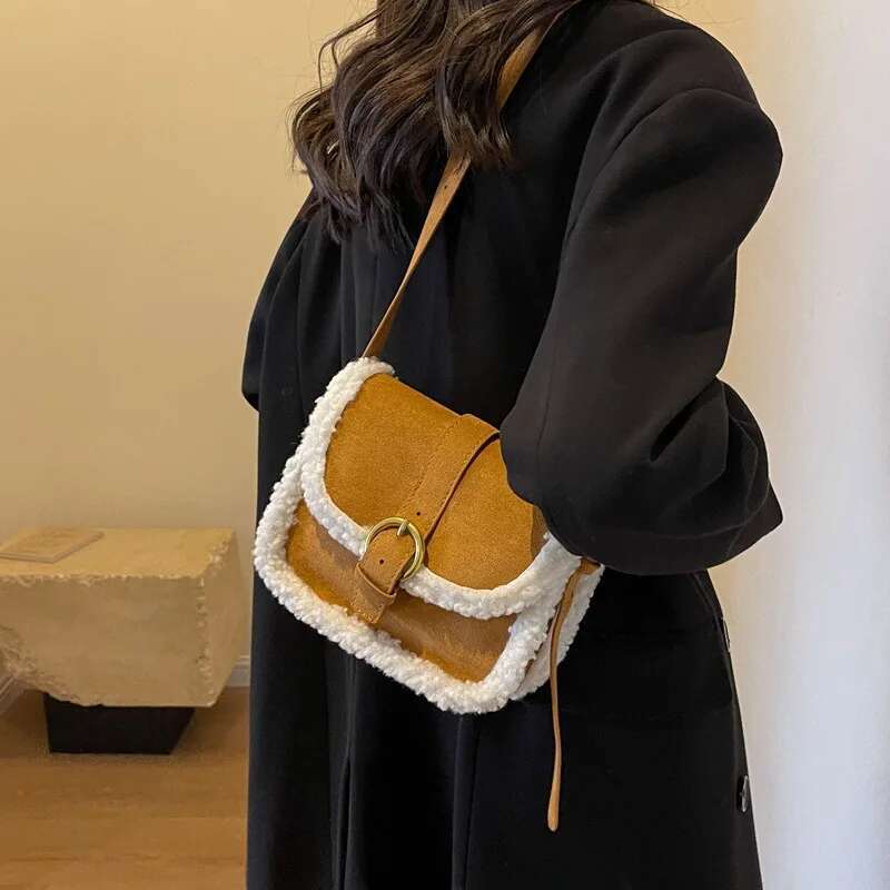 Designer Bag Women's Shoulder Bag Suede And Faux Fur Patchwork Retro Lock Crossbody Bag Small Flap Handbag Brand Designer Tote Bags Handbag