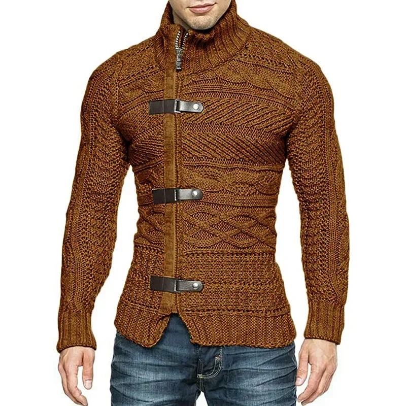 Men Sweaters Autumn Winter High Neck Sweater Mens Leather Buckle Long Sleeve Knitted Cardigan Coat Large Size Men Clothing 241106