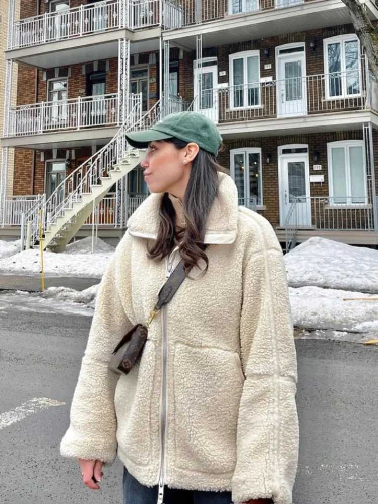 Fashion Women Solid Double Headed Zipper Lamb Wool Coat Casual Stand Collar Long Sleeve Pocket Jacket Autumn Winter Warm OutwearX241018