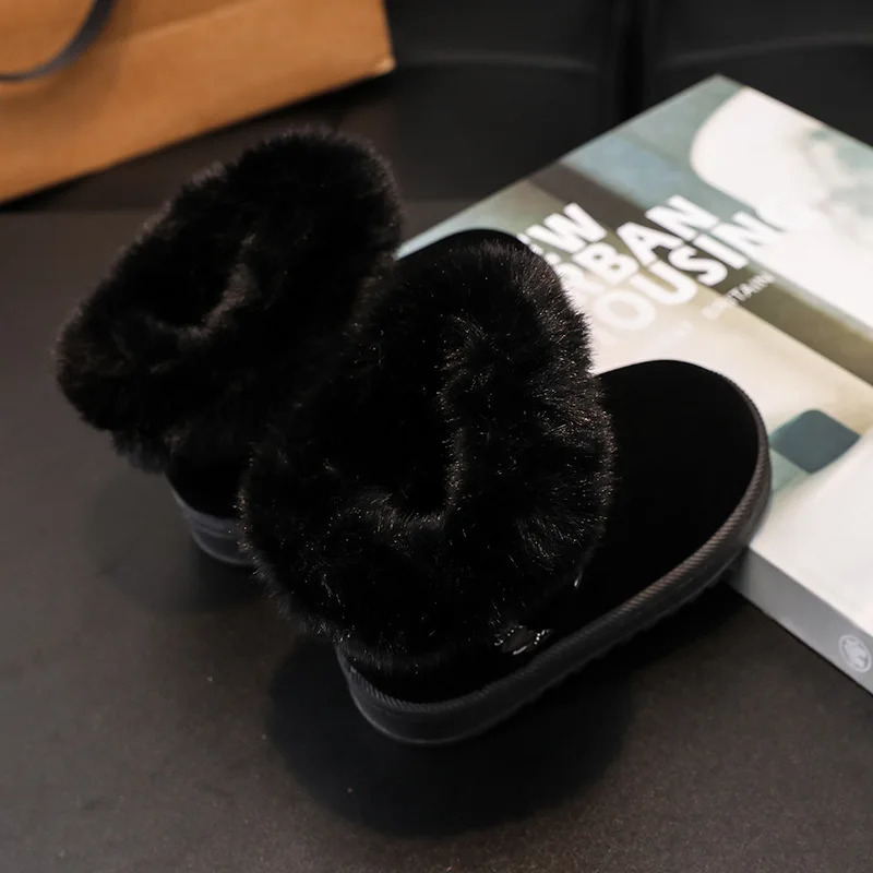 Kids Plush Snow Boots Winter Baby Soft Warm Cotton Shoes Boys Girls Buckle Belt Fur Suede Boots Princess Ankle Boots 241106