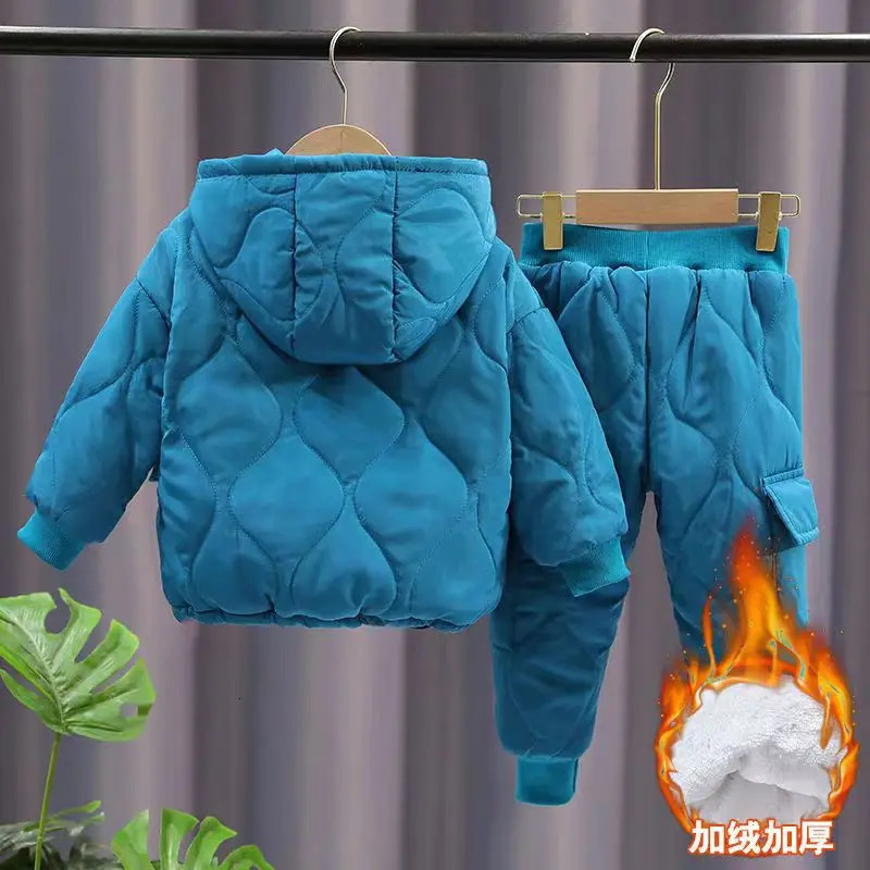 Winter Children Clothes Sets Kids Boys Girls Hooded Warm Cotton Velvet Pullover Coats OuterwearPants 2Pcs Snowsuits 1-8Y 241106