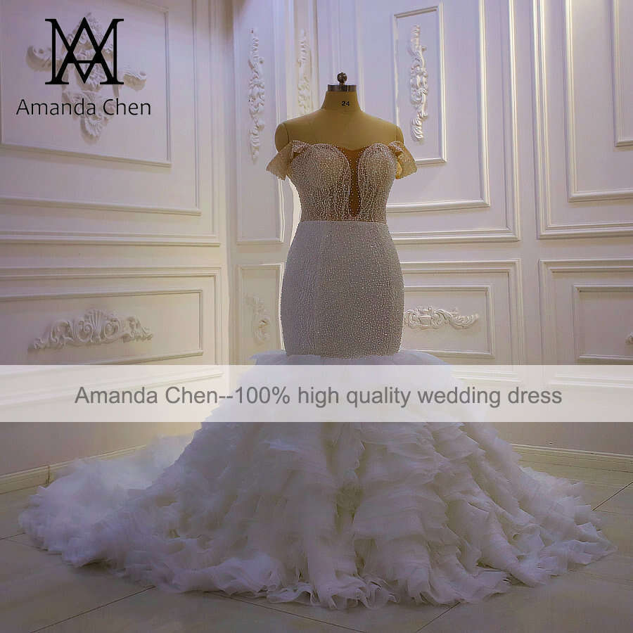 Off Shoulder Pearls Ruffled Mermaid Wedding Gowns