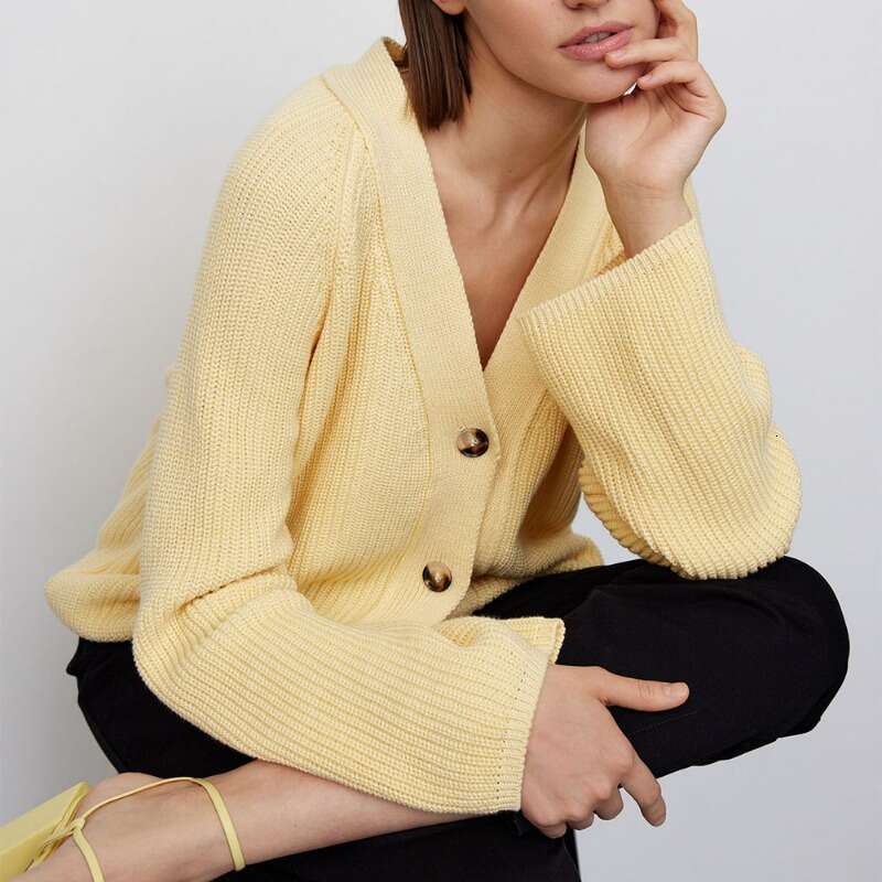 Talenza V-Neck Short Sweater Women's Solid Long Sleeve Button Casual Loose Commuting Knitted Cardigan Jacket