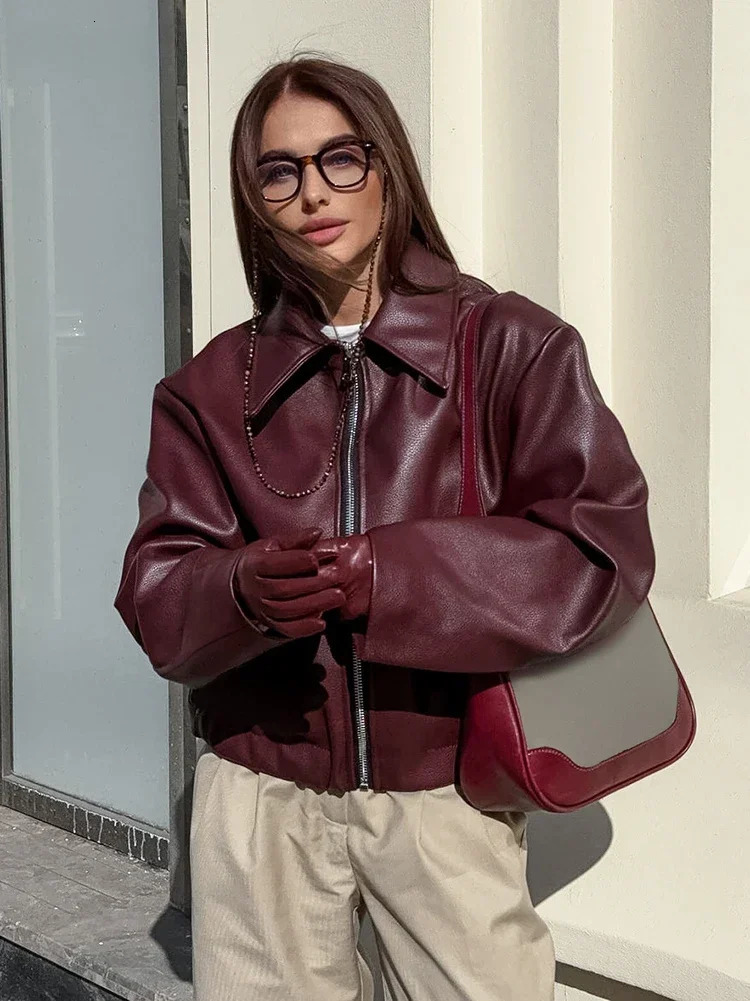 Street Leather Women Jacket Wine Red Turn Down Long Sleeve Pu Female Coats 2024 Vintage Pocket Zipper Motorcycle Lady Outwears 241106