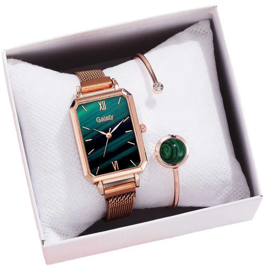 2-piece Wen Watch Fashion Square Womens Quartz Watch Bracelet Simple Rose Gold Mesh Luxury Wen Watch Relogio Feminino X241106