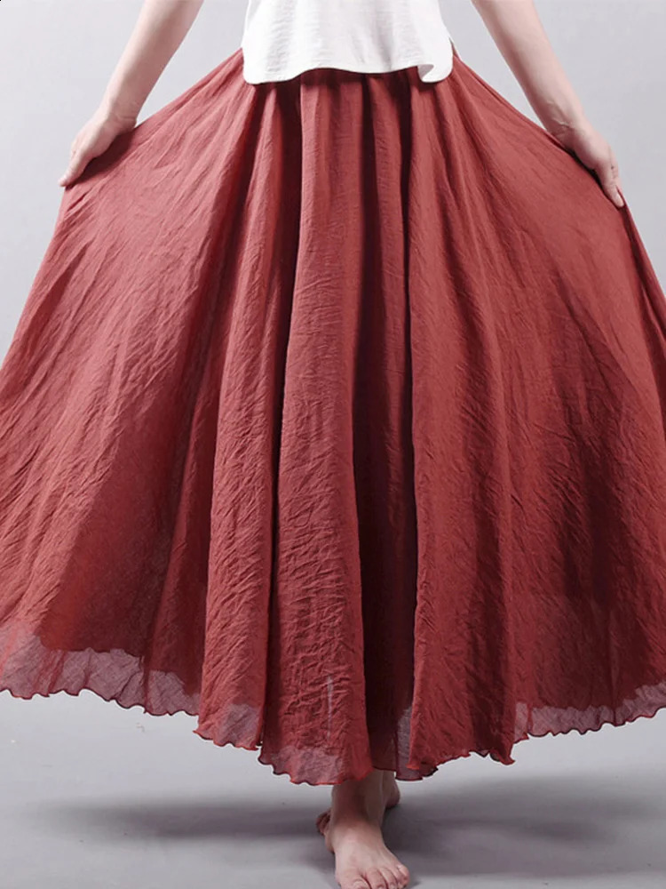 Womens Elegant High Waist Linen Maxi Skirt Summer Ladies Casual Elastic 2 Layers Skirts saia feminina 240323